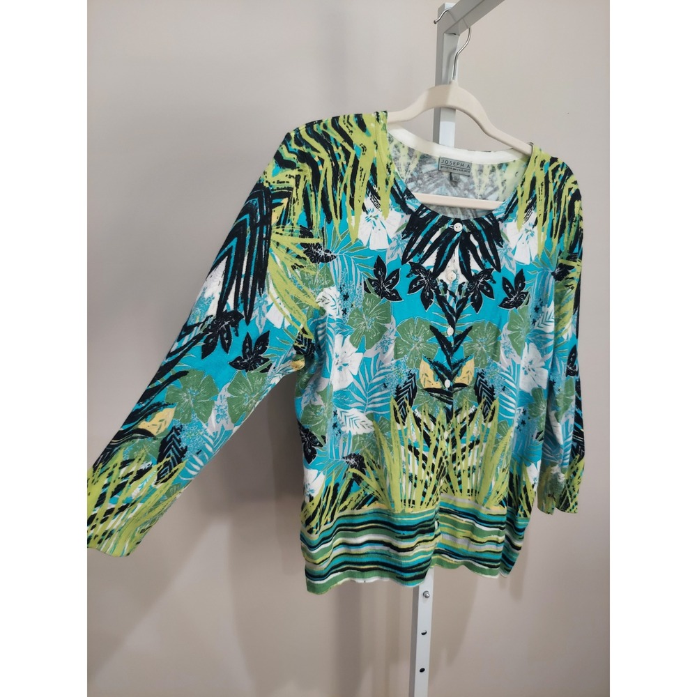 Joseph A Tropical Floral Cardigan Sweater XL Turquoise Lime Green 3/4 Sleeve